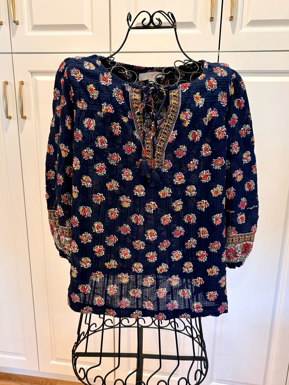 LOFT Navy Floral Tie-Front Peasant blouse